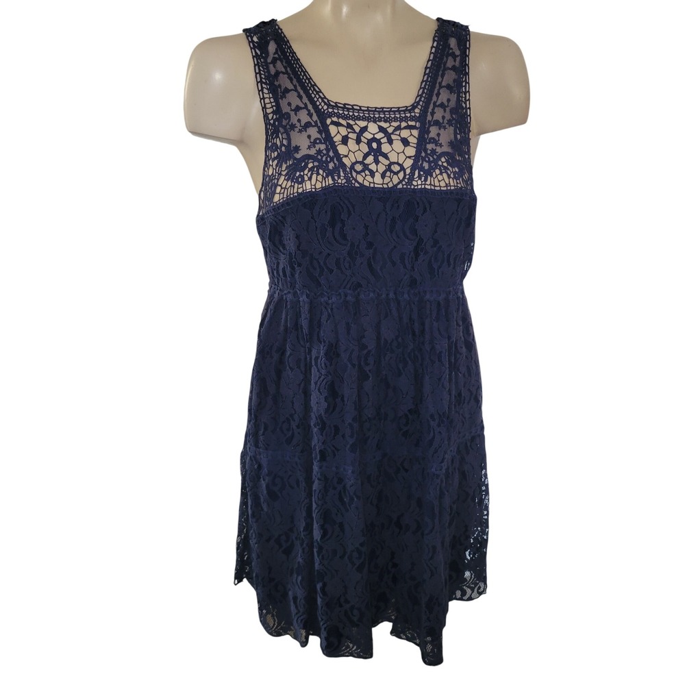 Pinky‎ Navy Blue Lace Sheath Dress Crochet Neckline Knee Length L Y2K 90s retro